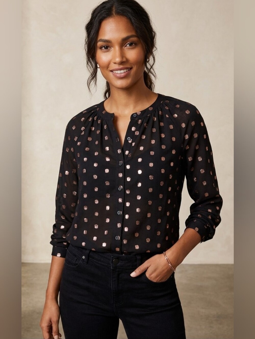 LOFT Black Button-Down Blouse with Rose Gold Metallic Dots